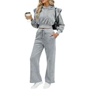 CHICME Womens 2 Piece Outfits Cropped Long Sleeve Hoodie and Wide Leg Sweatpants Set Fall Fashion Sweatsuit Tracksuit (Small)