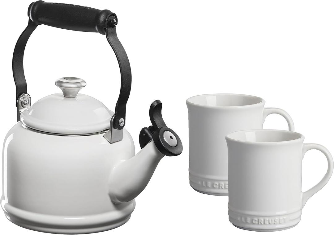 Le Creuset Enamel On Steel Demi Kettle with Metal Finishes & Stoneware Set of 2 Mugs, 1.25 qt. Kettle & (2) 14 oz. Mugs, White