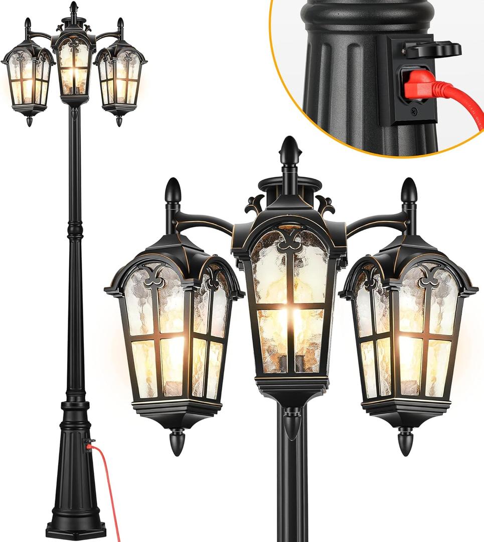 VIANIS Outdoor Post Lights with Outlet, Anti-Rust Vintage Lamp Posts Outdoor Lighting Dusk to Dawn, 3-Head Aluminum Outdoor Street Fixture with Ripple Glass for Yard Garden Driveway (Black (Lamp Head Down with Outlet))
