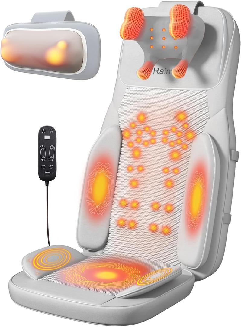 Rainwolf Shiatsu Neck and Back Massage Cushion with Heat - 4D Deep Tissue Kneading Full-Back Massager for Relief Stress, Adjustable Intensity & Height, for Office Chair & Home (Grey)
