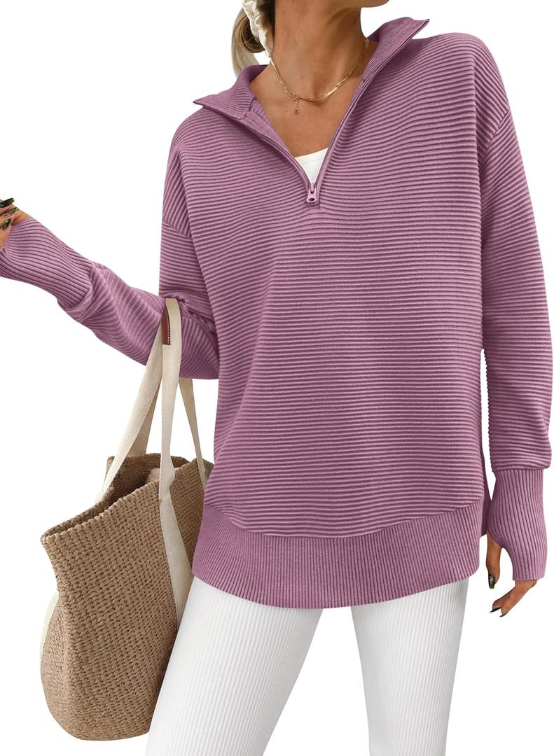 PRETTYGARDEN Womens Long Sleeve Quarter Zip Pullover Sweater Casual Loose V Neck Collared Ribbed Knit Jumper Tops Thumb Hole (X-Large, Light Purple)
