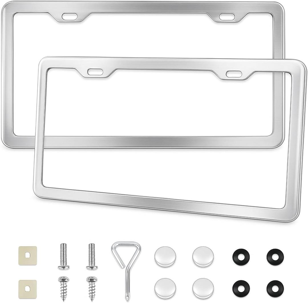 2-Pack License Plate Frames, Universal Aluminum Licence Plate Frame Holder, 2-Hole Narrow  Slim Design Holder with Screws & Caps, Universal Fit for Cars, Trucks, Various Vehicles-Silver