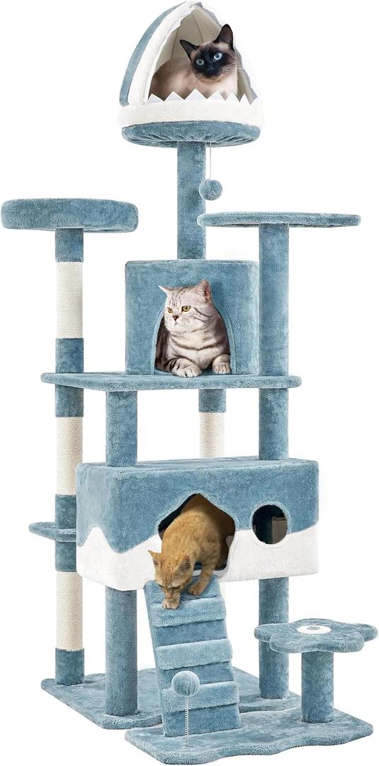 Yaheetech Cat Tree, 72.5inch Ocean-Themed Cat Tower, Multi-Level Large Cat Tree for Indoor Cats with Shark's Mouth Bed & 2 Big Condos & 2 Wide Perches & Funny Toys, Blue & White