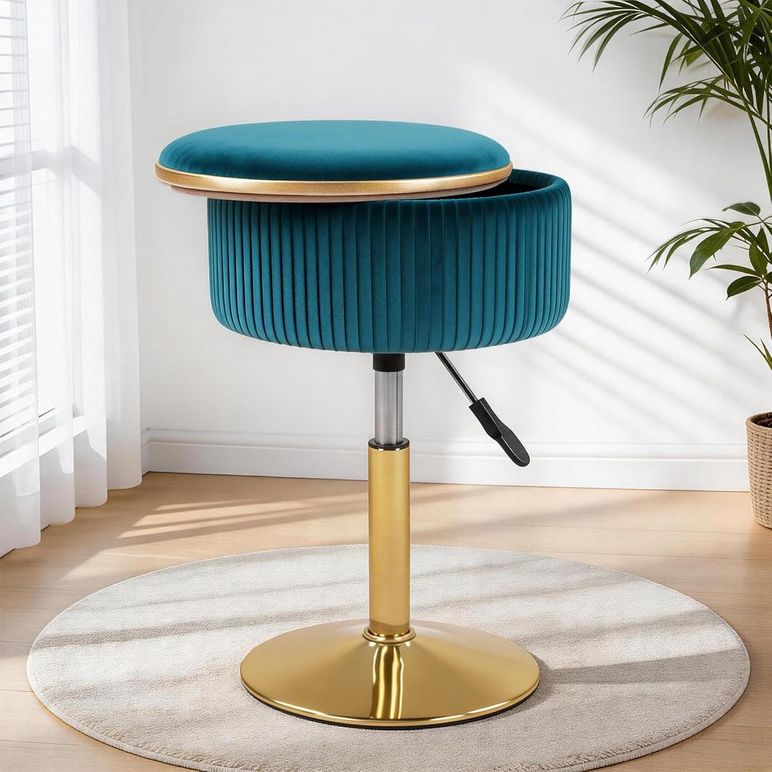 LITZFUR Adjustable Vanity Stool with Storage, 360 Swivel Gold Chair, Velvet Small Round Ottoman Footrest for Bathroom, Makeup Room, Blue
