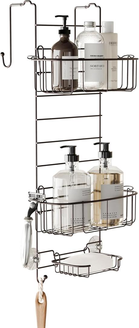 Zenna Home Shower Caddy Hanging Over the Shower Door Organizer, Stainless Steel Rack with 2 Shelves and Built in Hooks, Bathroom Organizer Shelf for Inside Shower, Heritage Bronze
