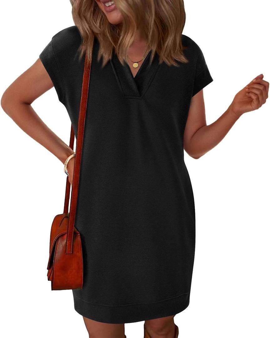 Okiwam Women's Spring Summer Dresses 2025 Casual Short Sleeve V-Neck T-Shirt Mini Vacation Sun Dresses with Pockets (Black, XL)