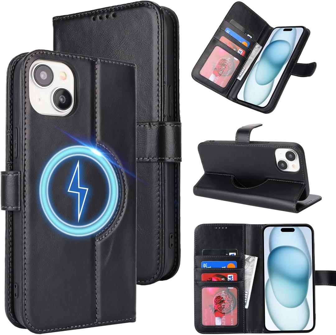 Zouzt for iPhone 15 Plus 6.7 Inch Genuine Leather Wallet Case with Card Holder, Compatible with MagSafe Magnetic Wireless Charging Flip Folio Book Cover Women Men for iPhone 15 Plus - Black