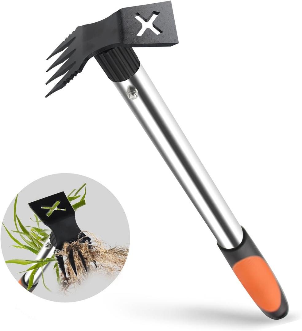 Upgraded 17" Weed Puller Tool, Portable Garden Weed Pulling Tool for Weeding Uprooting Planting, 2 in 1 Hoe & 4 Teeth Rake Manual Weeder, Durable Weed Remover Gardening Hand Tools for Yard Lawn Farm
