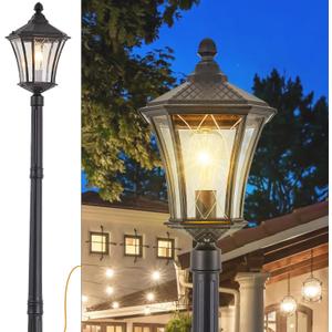 Outdoor Lamp Post Lights with Outlet, Dusk to Dawn Pole Lamp with Patterned Glass, Aluminum Waterproof Outside Street Light with Plug, Hardwired Black Light Pole for Backyard, Garden, Driveway