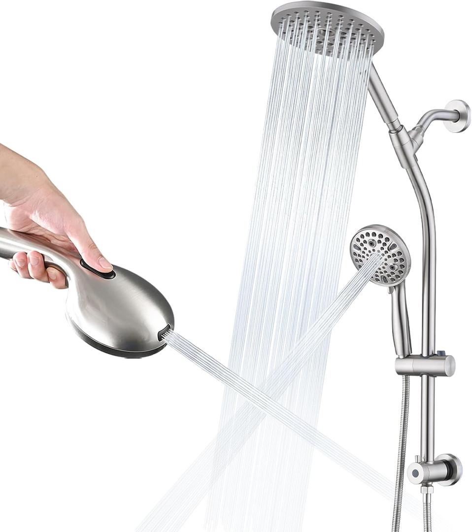 UCLIMAA High Pressure Shower Head with Handheld Shower, 26" Adjustable Height Drill-Free Slide Bar, 3-Way Diverter for Easy Reach, Dual Shower Head Combo Set with 5ft Hose - Brushed Nickel