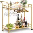 VASAGLE Bar Cart Gold, Home Bar Serving Cart, Wine Cart with 2 Mirrored Shelves, Wine Holders, Glass Holders, for Kitchen, Dining Room, Gold ULRC090A03