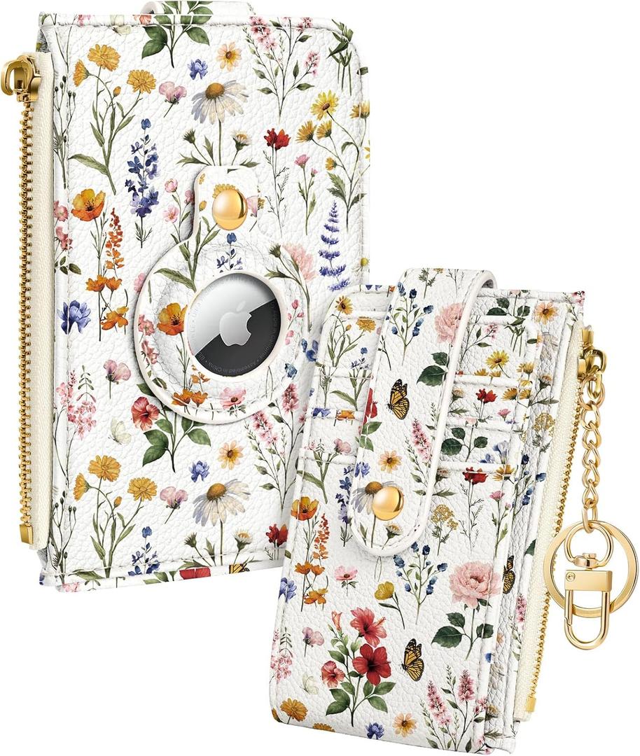 Cute Card Wallet Women with AirTag Holder - Retro Floral Genuine Leather Small Wallets with Keychain RFID Credit Cardholder Air Tag Aesthetic Coin Purse for Female Ladies Teen Girls