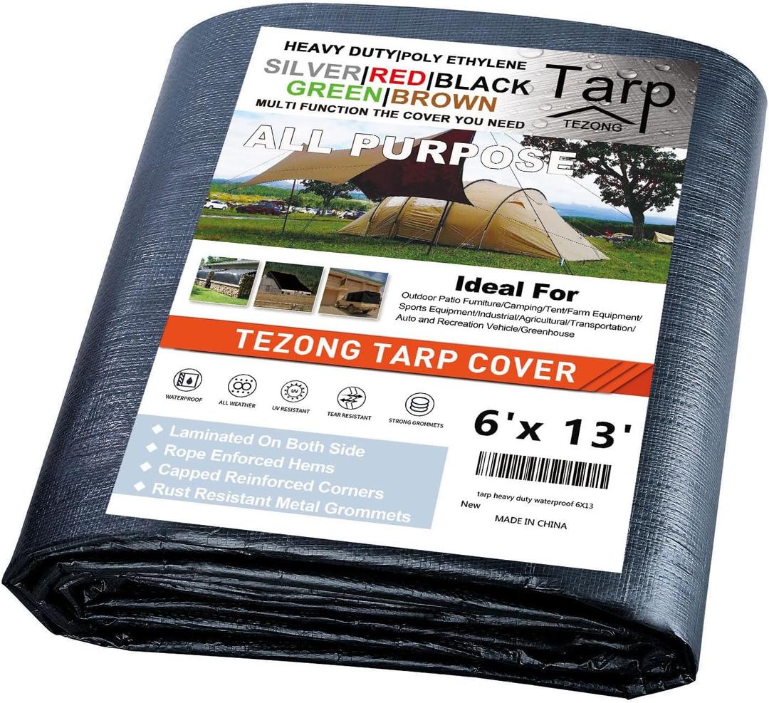 Tarps Heavy Duty Waterproof 6x13ft,TEZONG Black Tarp 12Mil Plastic Tarpaulin Outdoor Tarp Cover for Emergency Rain,Patio Furniture,Wood,Roof,Camping,Car,Pool