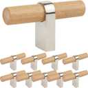 Wooden Drawer Pulls and Knobs 10pack Natural Wood and Metal Kitchen Cabinet Handles T Bar Pulls for Bedroom Dresser Drawers(Single Hole 2-3/8IN)