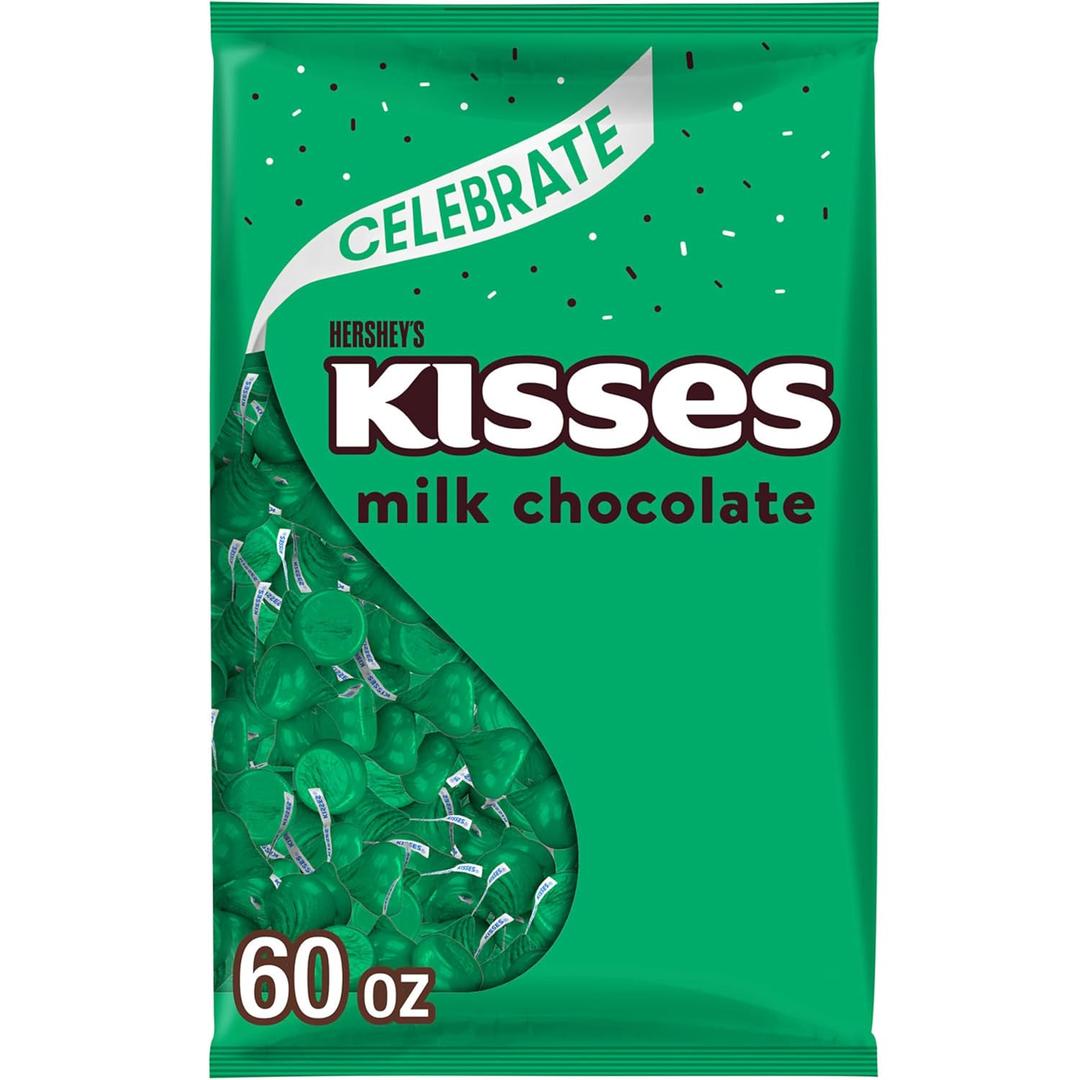 HERSHEY'S KISSES Milk Chocolate Candy Bulk Bag, Green Foils, 60 oz | Hershey Kisses Bulk in Green Foils, Kosher and Gluten Free, Individually Wrapped for Candy Dishes, Buffets, and Parties 60 oz (EXP 01/31/27)