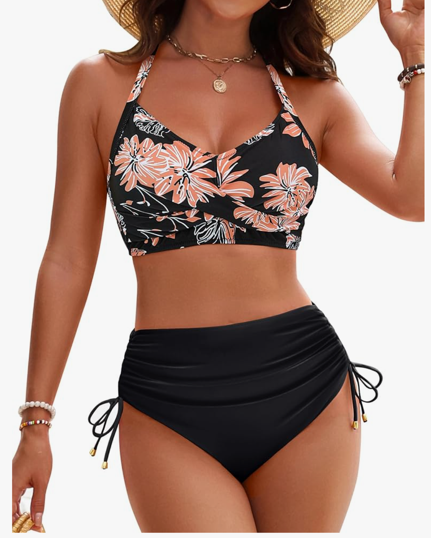Blooming Jelly Womens High Waisted Bikini Sets Drawstring Tummy Control Swimsuits Crisscross Tie Back Bathing Suit Size S