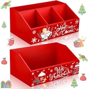 Shellwei 2 Pcs Christmas Hot Cocoa Bar Wood Storage Box Coffee Station Organizer Xmas Basket Organizer Bin Christmas Cute Wood Storage Bins Hot Chocolate Decorative Box for Home Kitchen Office Gift