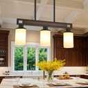 Farmhouse Dining Room Light Fixture, 3-Light Wood Kitchen Island Lighting for Dining Room Over Table, Black Adjustable Pendant Light with Milk Glass Shades, Linear Chandeliers Lighting for Kitchen