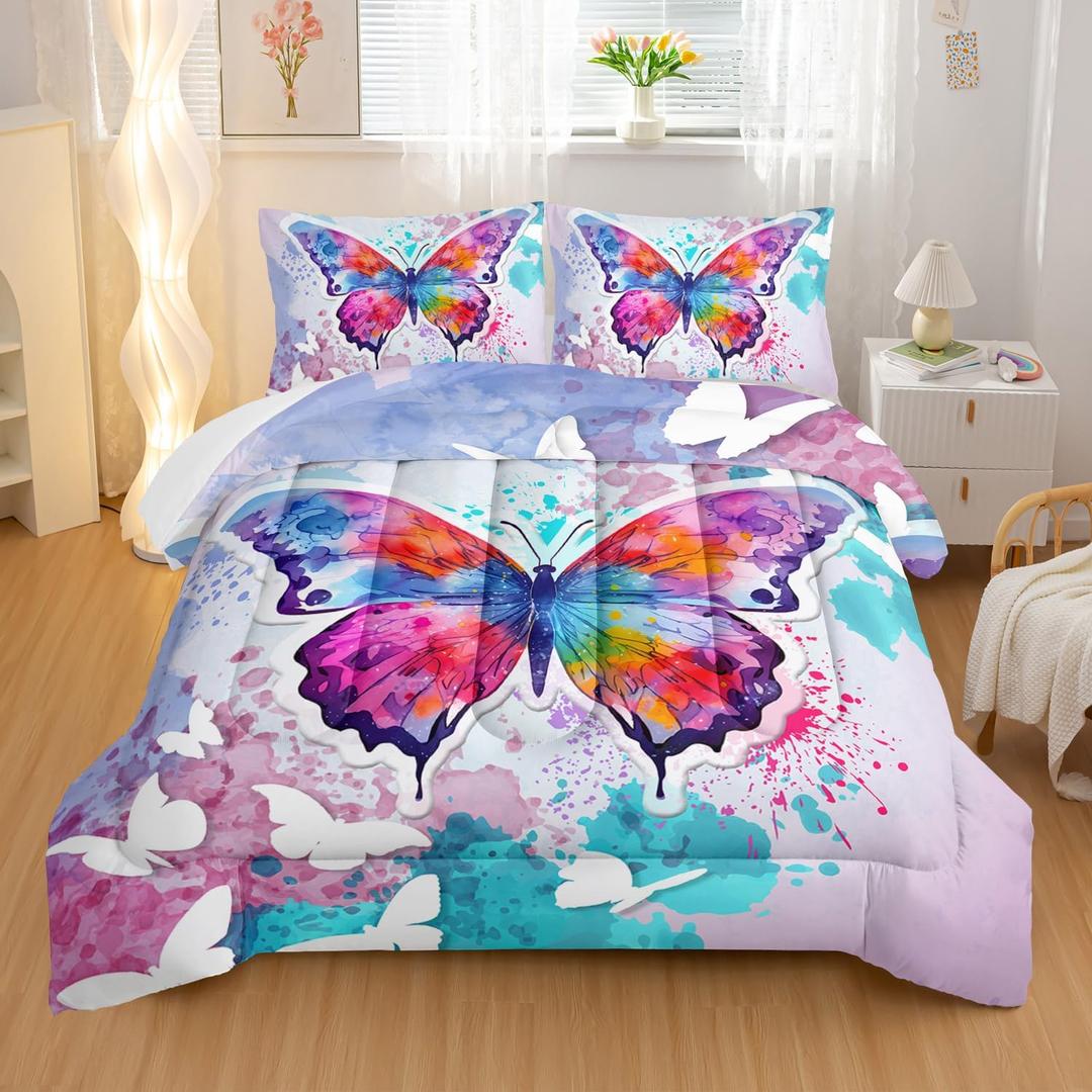 Colorful Butterfly Comforter Set Twin Size for Girls Teens, Butterfly Comforter Set 3-Pieces Bed in a Bag 3D Colorful Butterfly Twin Bedding Set,1 Comforter and 2 Pillowcases (Purple Blue Butterfly)