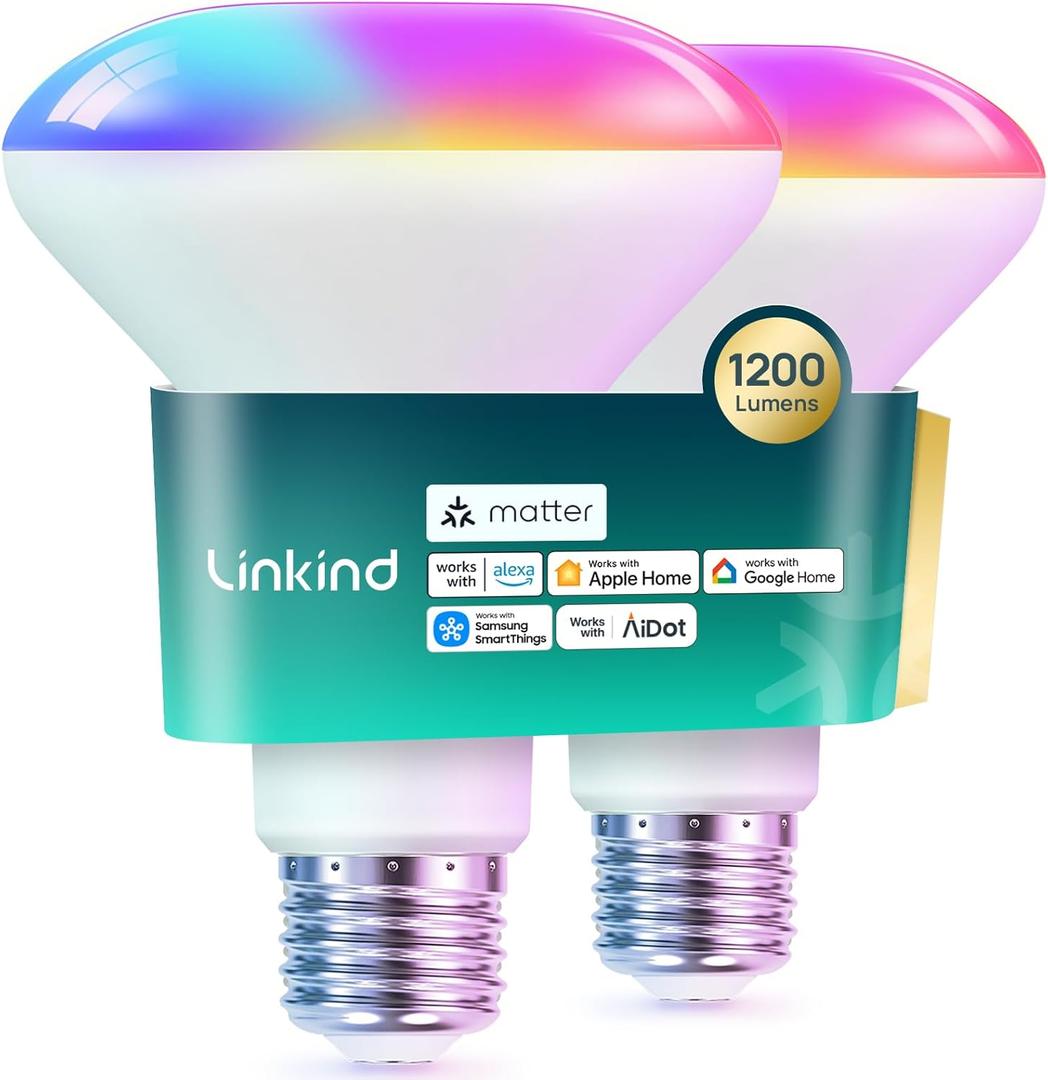 Linkind Matter Smart Light Bulb,1200LM 85W BR30 Smart Flood Light Bulbs Work with Alexa, Apple Home, Google Home, RGBTW Recessed Color Changing Bulbs E26, 2.4GHz Only WiFi Light Bulbs LED, 2Pack