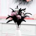 4Pcs Halloween Artificial Faux Flowers Picks Black Feather Branches with Pink Pumpkin Skull Bouquet Arrangements Halloween Indoor Decorations Home Parties Table Decor