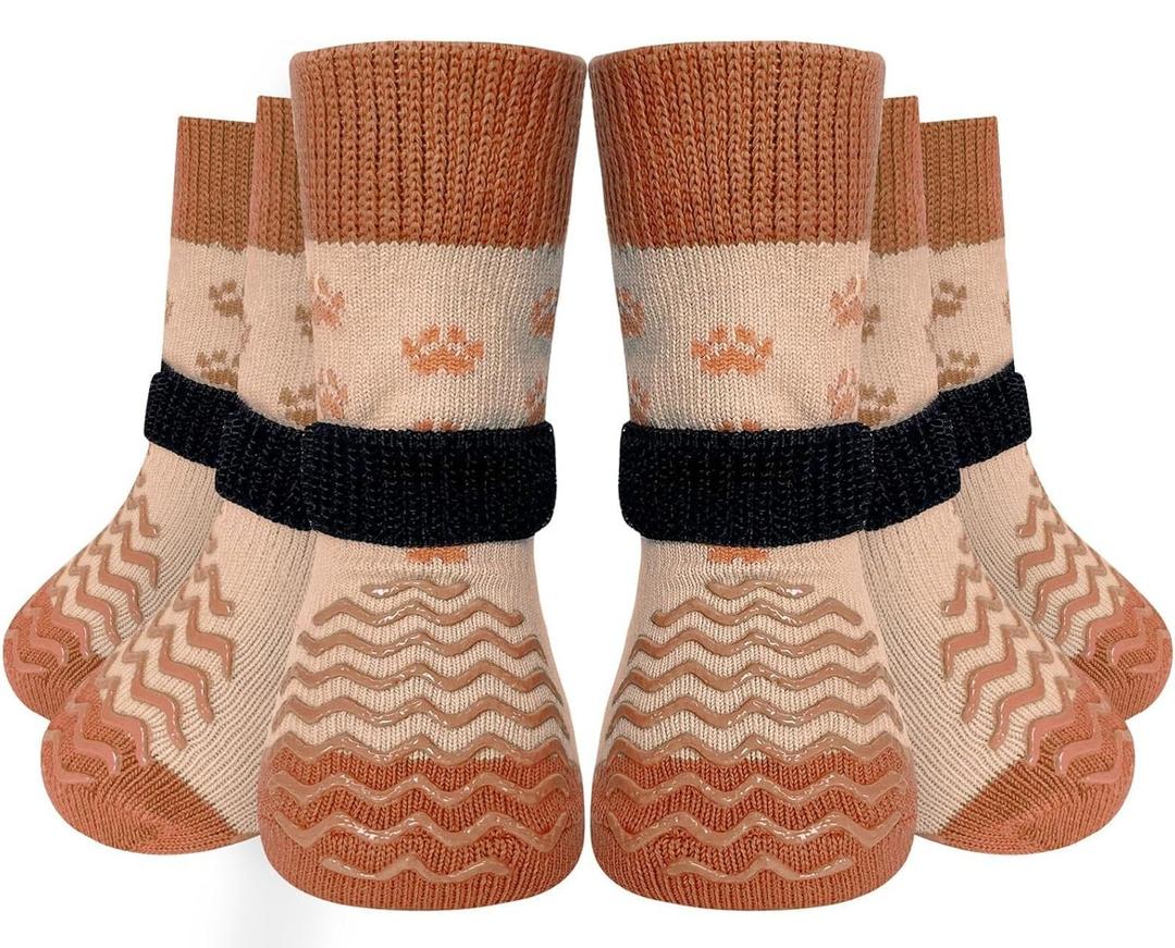 EXPAWLORER 6Pcs Anti Slip Dog Socks to Prevent Licking Paws, Dog Shoes for Winter, Double Sides Dog Boots & Paw Protectors Booties for Hardwood Floors with Grippers Small Medium Large Senior Dogs, XS (Brown)
