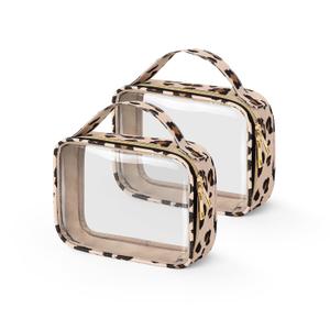 Wedama TSA Approved Toiletry Bag, 2 Pack Clear Makeup Bags with Handles, Quart Size PVC Clear Cosmetic Bags for Women and Men, Carry on Airport Airline Compliant Bag, Leopard Print