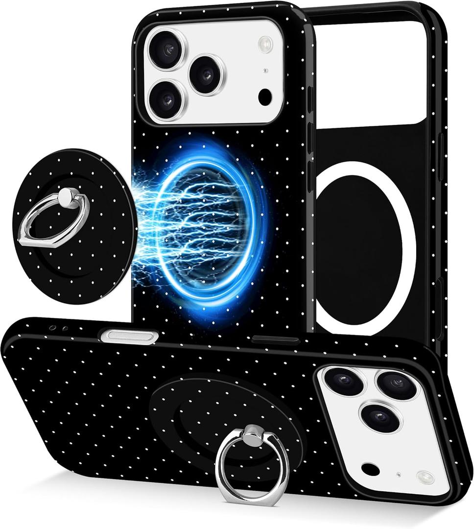 Jusy Compatible with Magsafe Polka Dot Phone Case for iPhone 11, Cute Aesthetic Magnetic Ring Holder Stand Case, Soft TPU and Hard PC Protective Phone Cover for Women Girls - Black Polka Dot