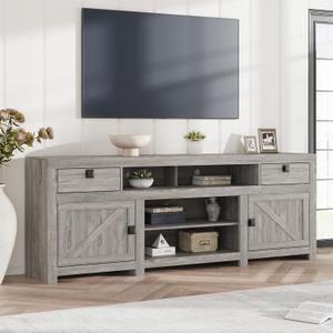 IDEALHOUSE Farmhouse TV Stand for 75/80 Inch TVs, 70" Long Entertainment Center with 4 Storage Drawers & 3 Open Shelf, Grey Television Consoles Stands for Living Room, Bedroom (Antique White)