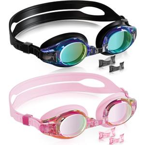 Aegend 2 Pack Kids Goggles, Swimming Goggles for Kids Age 4-16 Boys and Girls Youth, Anti-Fog Waterproof Anti-UV Pool Goggles (Black & Crisp Pink)