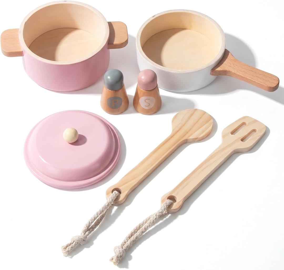Premium Toddler Play Kitchen Toys, Wooden Kitchen Utensils, Accessories for Pretend Play Kitchen Set, Montessori Learning Toy, Pretend Cooking Playset, Gift for 3+ (Pink), child-size
