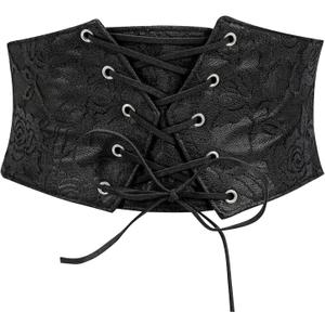 TRIWORKS Women Waist Belt Corset Lace Up Tied Waspie Elastic Wide Belt for Dresses Halloween Pirate Corset (Fit Waist Size 22"-26", Black)