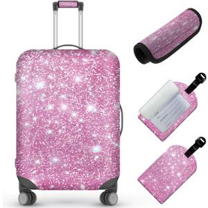 Tudguiloae Travel Luggage Cover,Pink Glitter Theme Suitcase Cover Accessory Kit, Luggage Tag, and Comfortable Luggage Handle Wrap, Washable Zipper Close Luggage Suitcase Protector (18-20 inch,S)