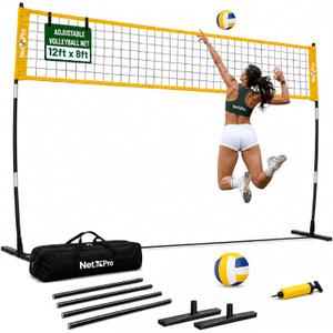 Volleyball Net for Backyard – 12ft Outdoor Volleyball Net with Fibreglass Poles, Alloy Base & Carry Bag | Portable Volleyball Net Set with Ball & Pump | Adjustable Height for Men & Women