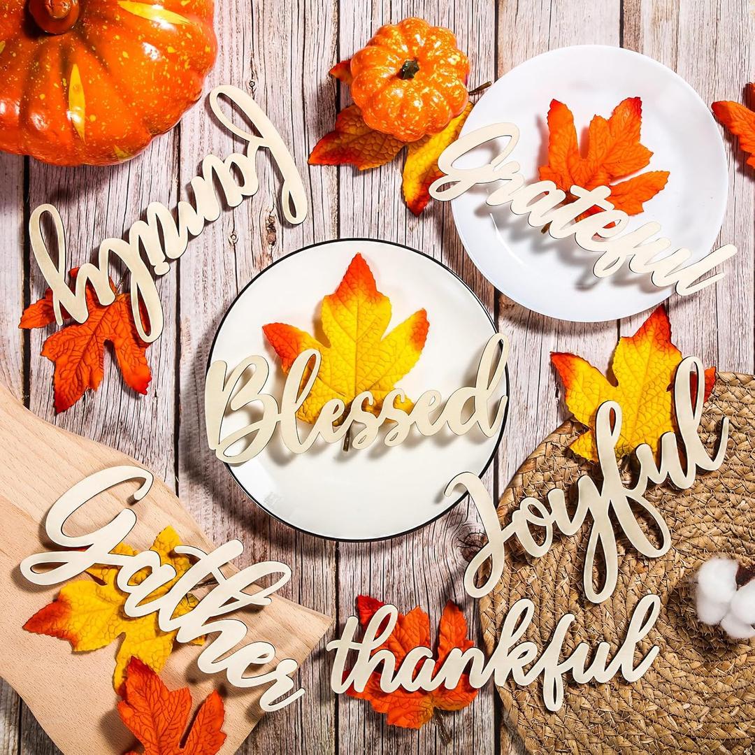 Soaoo 18 Set Thanksgiving Table Setting Decoration 18 Thankful Grateful Blessed Wood Cutout Signs 18 Artificial Maple Leafs Thanksgiving Wooden Table Plate Words Decor for Fall Kitchen Home Tabletop