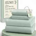 LANE LINEN 100% Organic Cotton Queen Sheets, Fully Elasticized Soft & Comfy Classic Percale Weave, Low Pill Fade Resistant Machine Washable Sheet & Pillowcase Sets, 15" Deep Pocket- Cool Blue