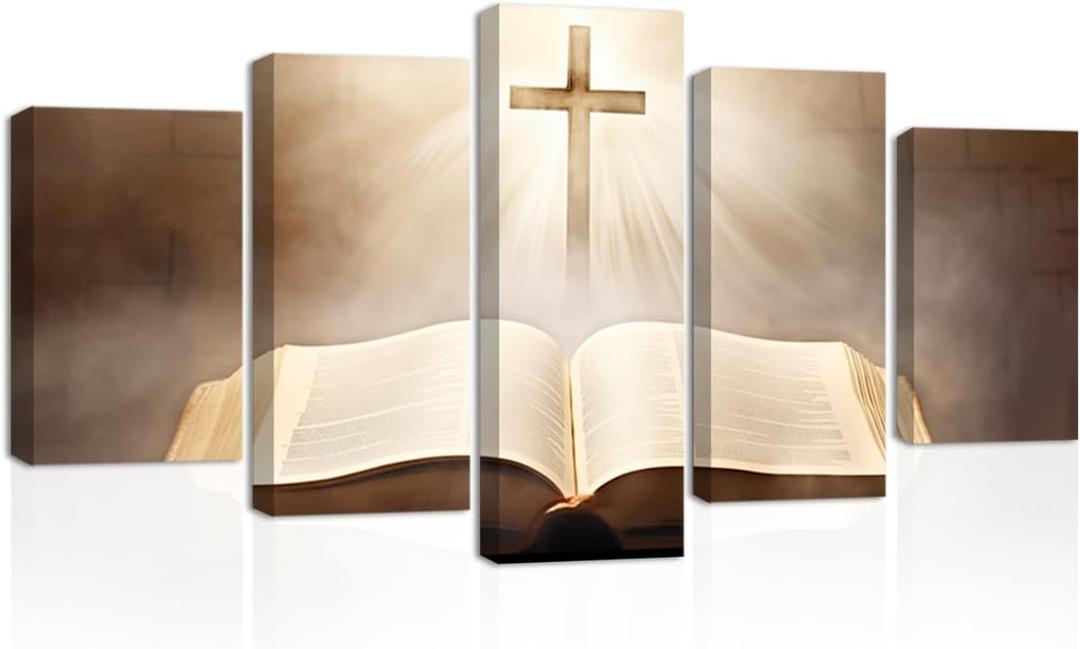 CXHOSTENT Jesus Canvas Wall Art 5 Piece Holy Bible and Cross Pictures Prints God Poster Christian Spiritual Paintings for Office Prayer Room Decor (Jesus-1, 16"x24"x2, 16"x32"x2, 16"x40"x1)