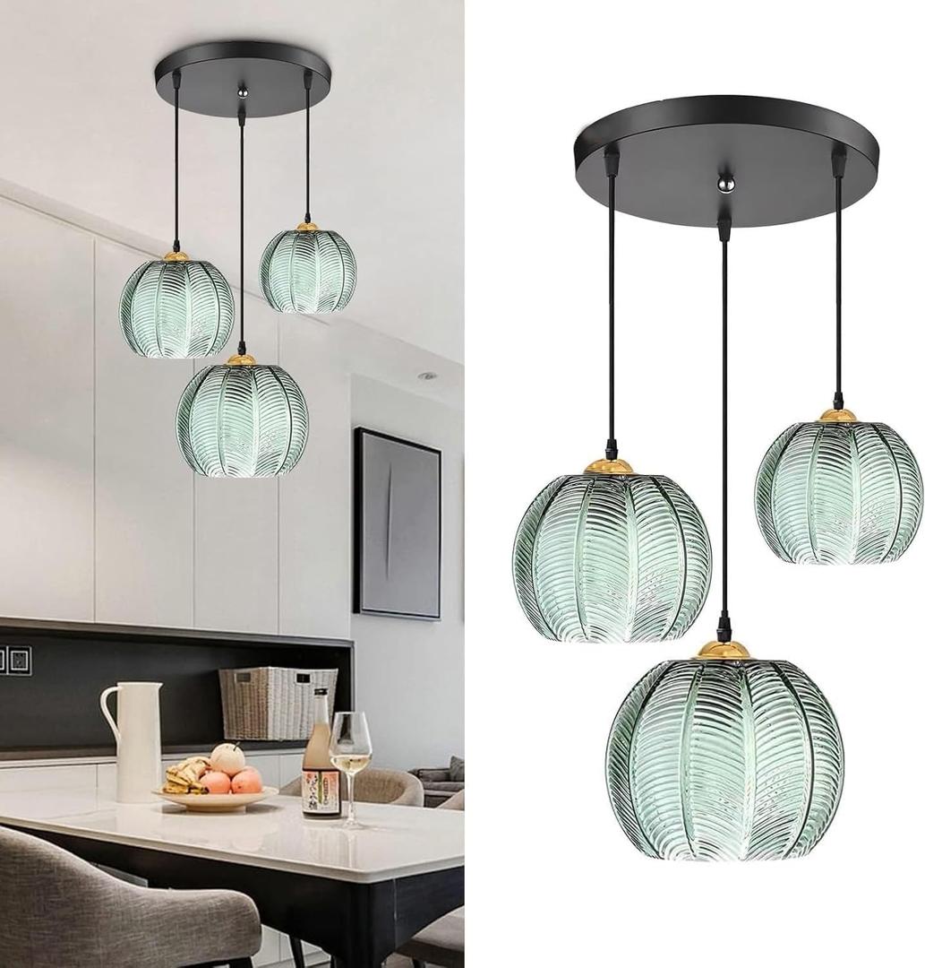 Green Glass Pendant Light, Modern Hanging Lighting fixtures That can be remotely Controlled, Suitable for Kitchens, Islands, Restaurants, bedrooms(3 pcs Light)