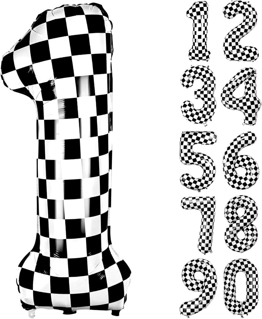 40 Inch Checkered Number 1 Balloon, Black and White Racing Number 1 Balloon, Big Large Foil Helium Number Balloons for Birthday Party Supplies