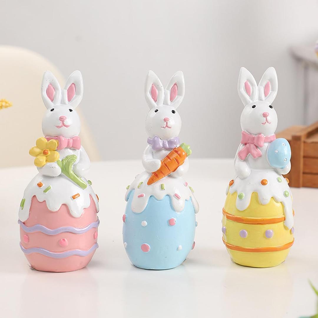 Easter Decorations - 4.7 Inch Resin Bunny Tabletop Decor Cute Rabbit Figurines 3pcs Easter Eggs Centerpiece Ornaments for Home Living Room