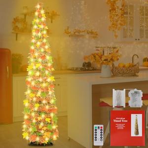 5FT Lighted Fall Pop Up Tree - Artificial Fall Tinel Maple Tree with 60 LED Lights, Timer Battery Operated Collapsible Pencil Tinsel Trees for Fall Harvest Thanksgiving Front Porch Home Decorations