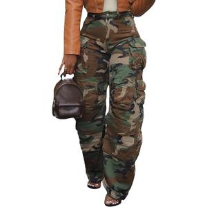 Vakkest High Waisted Camo Cargo Jeans for Women Wide Leg Casual Baggy Trendy Denim Pants with Multi Pockets (X-Large)