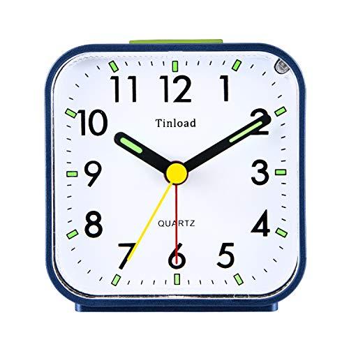 Tinload Small Battery Operated Analog Alarm Clock Silent Non-Ticking, Ascending Beep Sounds, Snooze, Light Functions (Blue)