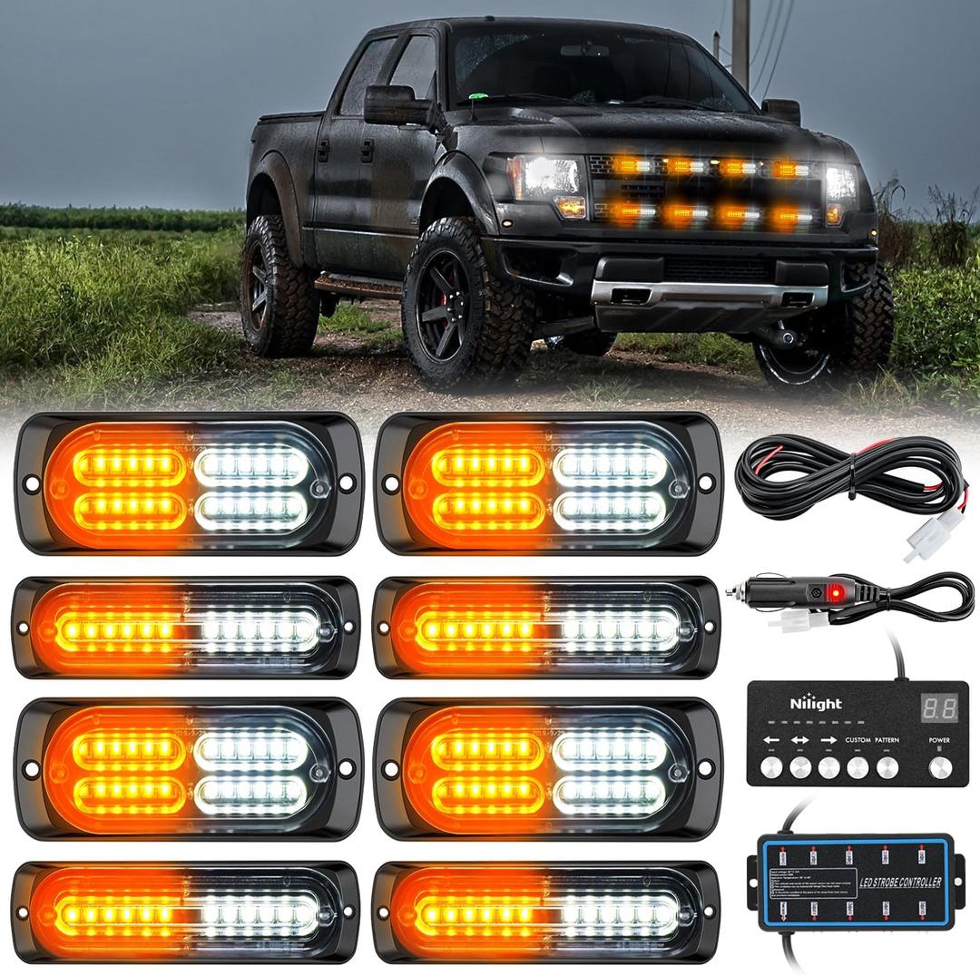 Nilight 8PCS LED Strobe lights 12V Sync Feature Amber White 12 24LED Emergency Hazard Warning Lights with Controller for Cars Trucks RVs Campers