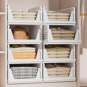 Stackable Plastic Storage Basket Closet Organizer Bin Foldable Clothes Organizer Storage Drawer Shelf Container for Living Room Bathroom Kitchen Office (4 Pack 4 L, White)