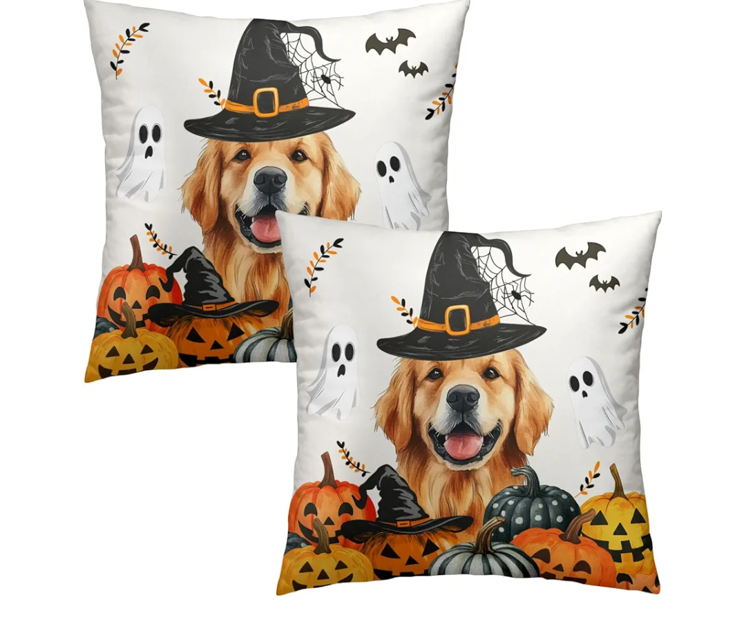 Evlaschin 18"x18" Halloween Dog Pillow Covers Set of 2, Spooky Gothic Pumpkins Ghost Bats Cotton Throw Cushion Cover, Funny Golden Retriever Soft Pillow Cases for Sofa Couch Car Bed Decor