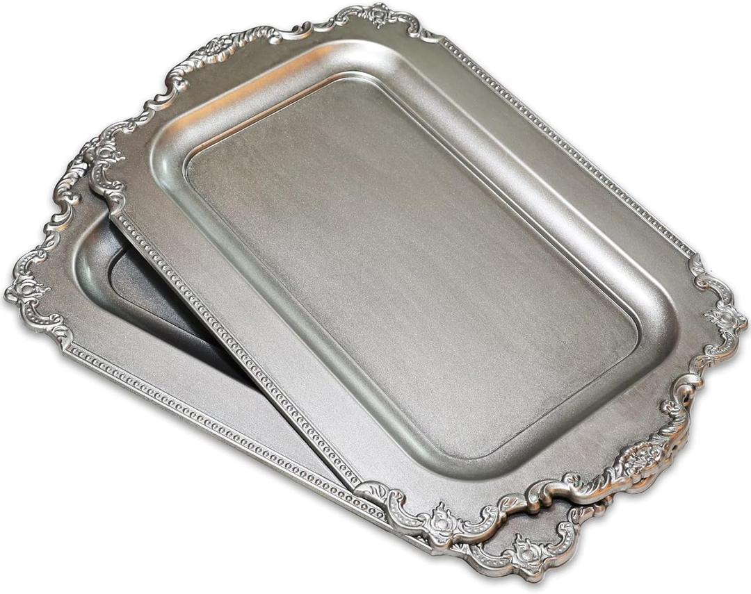 Set of 2 Matte Silver-Effect Plastic Decorative Trays for Coffee Table- Vintage Style (Actual Size: 10.5" L x 5.9" W)