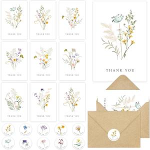 48 Pack Floral Thank You Cards with Envelopes, Wildflower Thank You Notes with Kraft Envelopes for Wedding Bridal Shower Baby Shower Teachers Graduation, 4 x 6 Inch