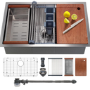 27 Inch Undermount Kitchen Sink with Quiet Drain - 11 Gauge Stainless Steel, Single Bowl - Multifunctional Handmade Modern Integrated Ledge Workstation Set 
