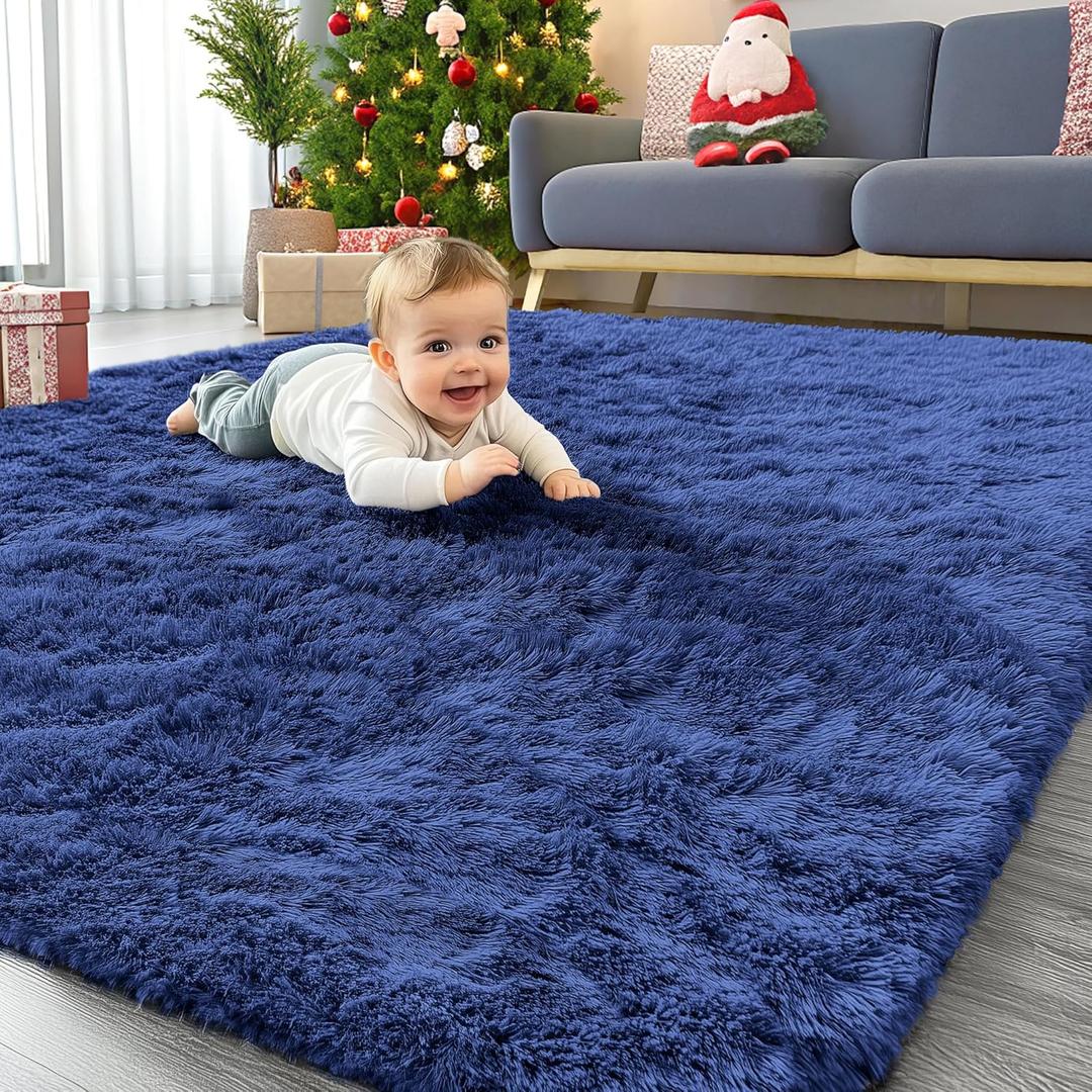 OLANLY Area Rugs for Living Room Bedroom, Machine Washable 4x5.9 ft Soft Fluffy Shaggy Bedside Rug, Indoor Floor Carpet for Kids Girls and Boys, Dorms, Nursery Rooms, Home Decor Aesthetic, Navy Blue